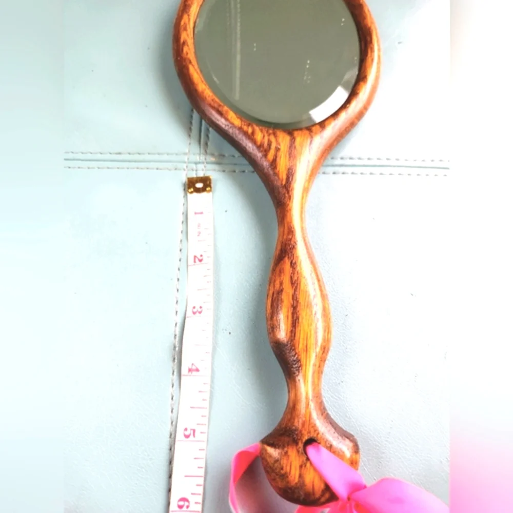 Prairie BEVELED Rich Brown Tiger Wood Oval Handle OOAK Carved Flower Hand Mirror